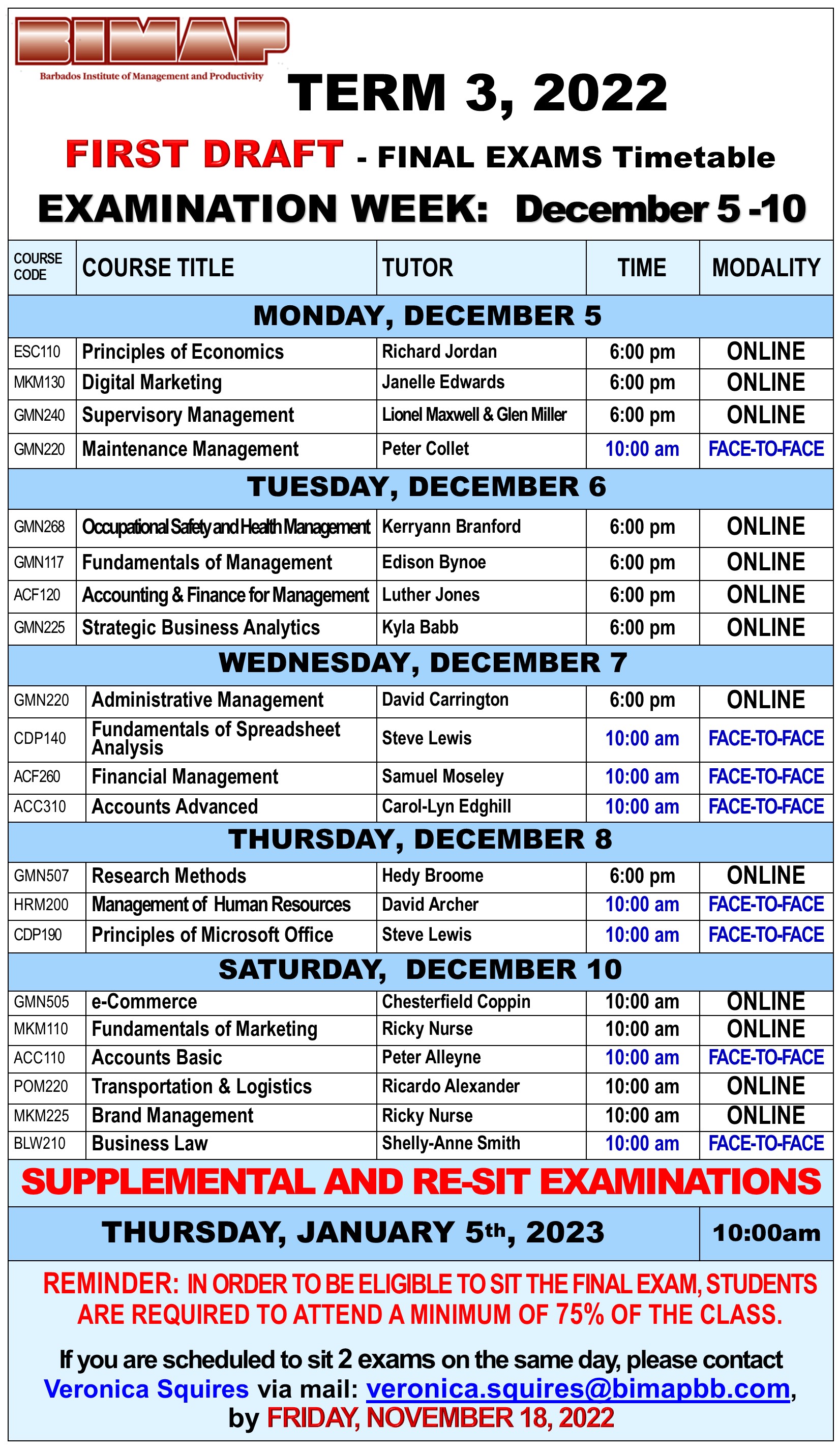 BIMAP Term 3 Final Examinations Schedule